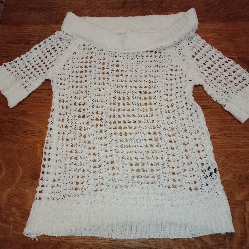 POL Elegant Cream Off-Shoulder Open Knit Short Sleeve Sweater Size Small